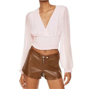 Aritzia Wilfred Wistful Sheer Chiffon Smocked Crop Blouse Pink Size Small